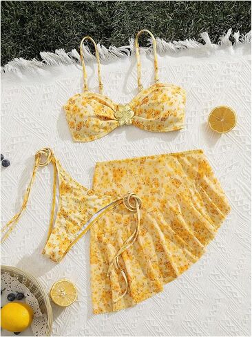 MakeMeChic Women's 3 Piece Bikini Set Floral Metal Decor Tie Side Swimsuit with Cover Up Skirt in Saudi Arabia