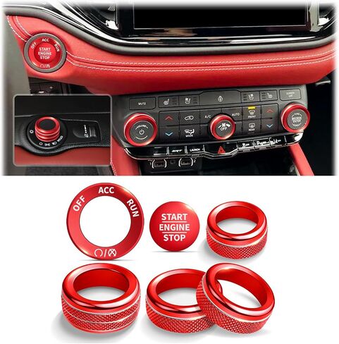 Interior Accessories for Dodge Durango 2021-2025, 6pcs Aluminum Alloy Trim Set - Push Start Button Cover/Ring, A/C, Volume Tune, Headlight Switch Knob Covers (Red) in Kuwait