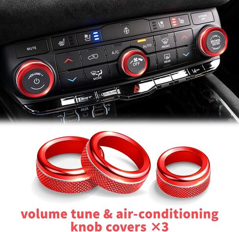 Interior Accessories for Dodge Durango 2021-2025, 6pcs Aluminum Alloy Trim Set - Push Start Button Cover/Ring, A/C, Volume Tune, Headlight Switch Knob Covers (Red) in Kuwait