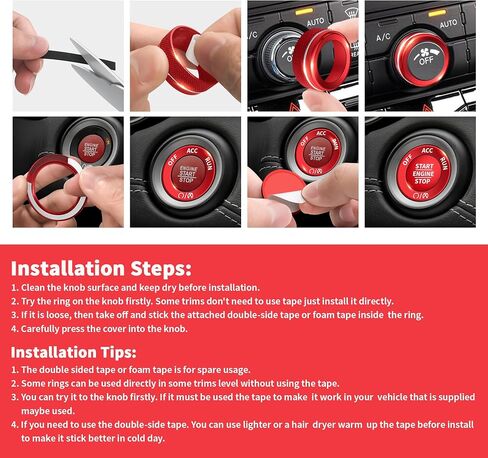 Interior Accessories for Dodge Durango 2021-2025, 6pcs Aluminum Alloy Trim Set - Push Start Button Cover/Ring, A/C, Volume Tune, Headlight Switch Knob Covers (Red) in Kuwait