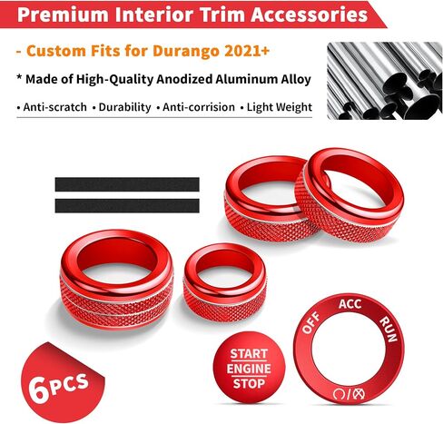 Interior Accessories for Dodge Durango 2021-2025, 6pcs Aluminum Alloy Trim Set - Push Start Button Cover/Ring, A/C, Volume Tune, Headlight Switch Knob Covers (Red) in Kuwait