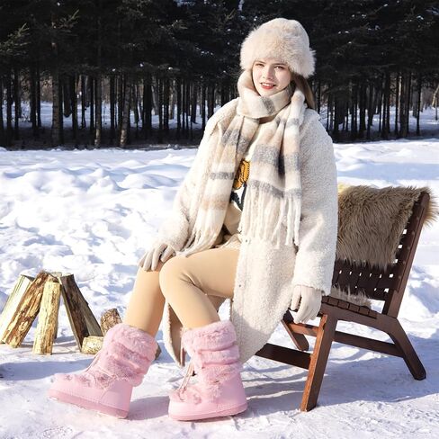 ZHENAIYISHENG Furry Faux Fur Boots for Women - Fuzzy Winter Snow Boots - Fluffy Black White Pink Fur Boots - Lace-up Mid-Calf Water-Resistant Platform Boots in Saudi Arabia