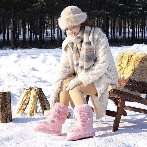 ZHENAIYISHENG Furry Faux Fur Boots for Women - Fuzzy Winter Snow Boots - Fluffy Black White Pink Fur Boots - Lace-up Mid-Calf Water-Resistant Platform Boots in Saudi Arabia