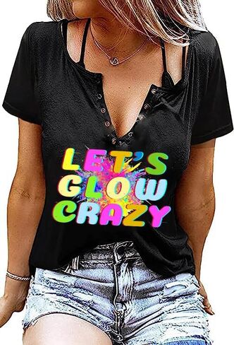 Let's Glow Crazy T-Shirt for Women Rock and Roll Style Short-Sleeve Vintage Colorful Letters 80's 90's Party Top in Saudi Arabia