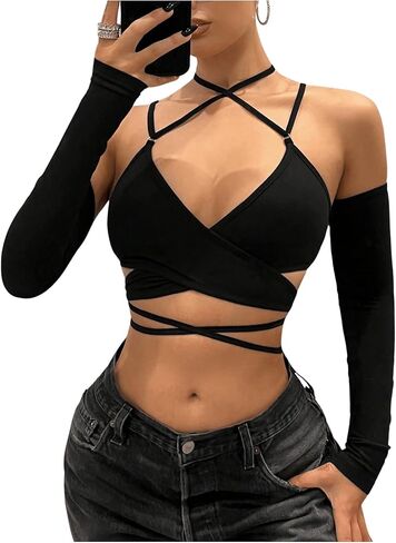 SHENHE Women's Criss Cross Strappy Wrap Crop Top Long Sleeve Halter Sexy Going Out Tshirt in Saudi Arabia