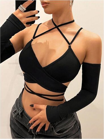 SHENHE Women's Criss Cross Strappy Wrap Crop Top Long Sleeve Halter Sexy Going Out Tshirt in Saudi Arabia
