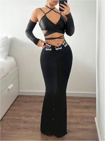 SHENHE Women's Criss Cross Strappy Wrap Crop Top Long Sleeve Halter Sexy Going Out Tshirt in Saudi Arabia