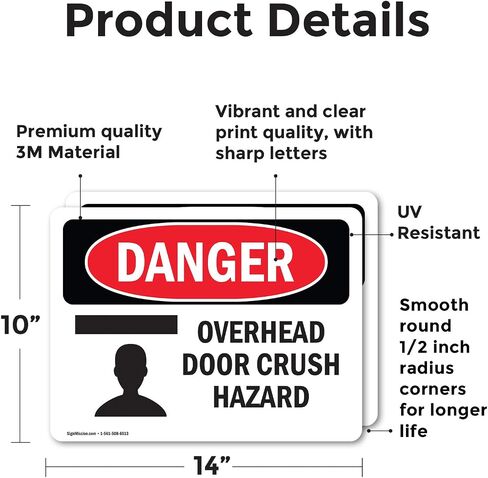 (2 Pack) Overhead Door Crush Hazard OSHA Danger Sign 7 Inch X 5 Inch Vinyl Label Decal Sticker Weather Resistant, UV Protected for Workplace, Business, and Construction Site, Made in the USA in Saudi Arabia