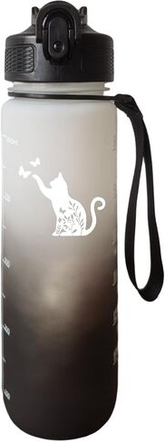 Floral Cat Water Bottle with Straw, Carry Strap, LeakProof, Tritan BPA Free, 32 Oz Motivational Water Bottle with Time Marker to Ensure You Drink Enough Water for Gym Fitness Outdoor in Saudi Arabia