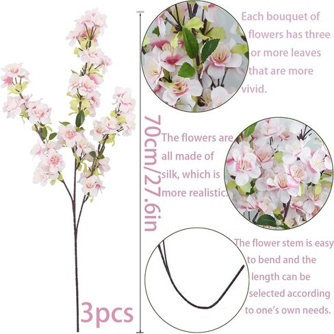 3 Pcs Cherry Blossom Branches for Vase Long Stems Artificial Flowers Spring Summer Decor Pink Faux Silk Cherry Blossom Branches for Home Wedding Party Table Centerpieces in Kuwait