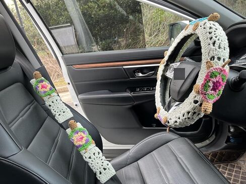 Handmade Crochet 3D Sea Turtle Car Steering Wheel Covers Universal 14-15 inch for Women and Men (Milk White Wheel Cover+2 Belt Cover) in Saudi Arabia