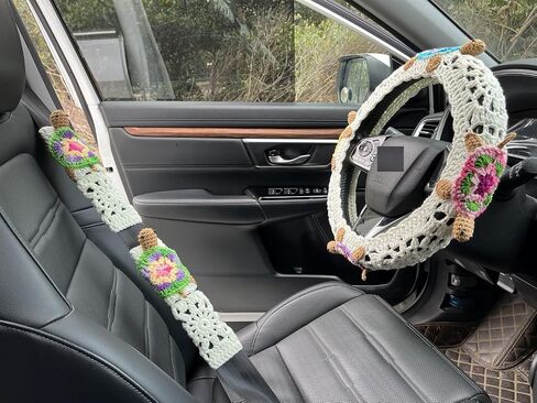 Handmade Crochet 3D Sea Turtle Car Steering Wheel Covers Universal 14-15 inch for Women and Men (Milk White Wheel Cover+2 Belt Cover) in Saudi Arabia
