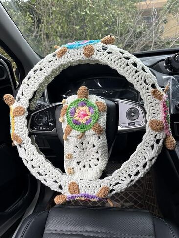 Handmade Crochet 3D Sea Turtle Car Steering Wheel Covers Universal 14-15 inch for Women and Men (Milk White Wheel Cover+2 Belt Cover) in Saudi Arabia