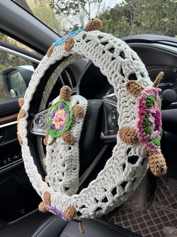 Handmade Crochet 3D Sea Turtle Car Steering Wheel Covers Universal 14-15 inch for Women and Men (Milk White Wheel Cover+2 Belt Cover) in Saudi Arabia