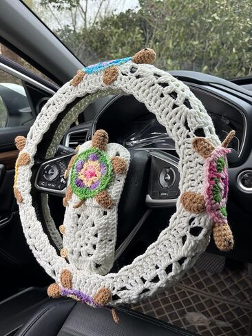 Handmade Crochet 3D Sea Turtle Car Steering Wheel Covers Universal 14-15 inch for Women and Men (Milk White Wheel Cover+2 Belt Cover) in Saudi Arabia