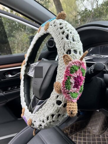 Handmade Crochet 3D Sea Turtle Car Steering Wheel Covers Universal 14-15 inch for Women and Men (Milk White Wheel Cover+2 Belt Cover) in Saudi Arabia