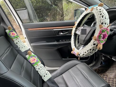 Handmade Crochet 3D Sea Turtle Car Steering Wheel Covers Universal 14-15 inch for Women and Men (Milk White Wheel Cover+2 Belt Cover) in Saudi Arabia