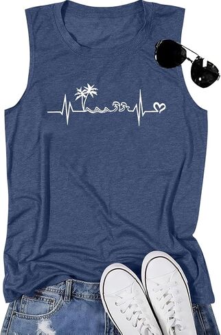 Alltb Beach Tank Tops Women Beach Waves Shirt Hawaiian Ocean Vest Vest Heartbeat Tank Summer Family Family Danks in Saudi Arabia