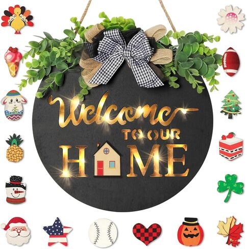 MIPON Welcome Sign for Front Door, Wall, or Porch Decor - Interchangeable Seasonal 17 Changeable Icons for All Seasons & Holidays (Spring, Summer, Fall, Winter, Easter, Christmas) - Black in Saudi Arabia