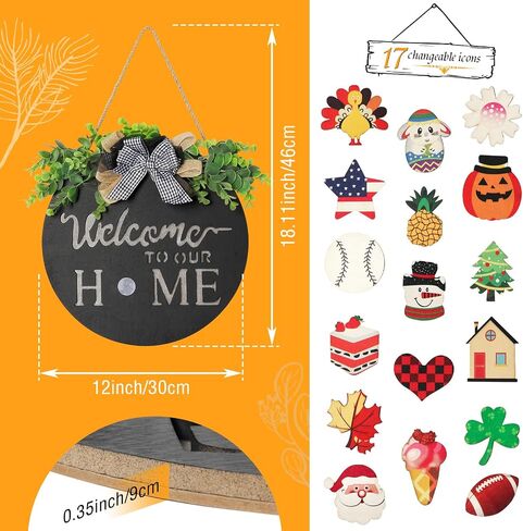 MIPON Welcome Sign for Front Door, Wall, or Porch Decor - Interchangeable Seasonal 17 Changeable Icons for All Seasons & Holidays (Spring, Summer, Fall, Winter, Easter, Christmas) - Black in Saudi Arabia