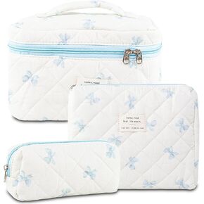 3Pcs Makeup Bag Cotton Quilted Travel Cosmetic Bag Cute Floral Makeup Pouch Large Toiletry Bag for Women Girls (Bow-Pink) in Kuwait