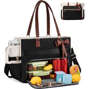 LOVEVOOK Lunch Bag, Tote Bag for Women with Insulated Lunch Compartment, Laptop Bag with Large Capacity & Cup Holder, Work Tote for Teacher, Nurse, Travel, College, Daily, Black-Beige-Brown, 15.6 Inch in Saudi Arabia
