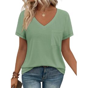 Womens T Shirts Short Sleeve V Neck Tops with Pockets Summer Fashion Trendy Soft Casual Comfy Outfits Clothes 2025 in Saudi Arabia