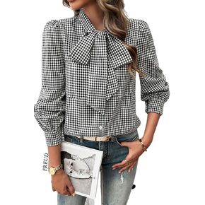 yoeasy Womens Button Down Plaid Shirts Long Sleeve Bow Tie Neck Blouses Trendy Fall Casual Work Office Shirt Going Out Tops in Saudi Arabia