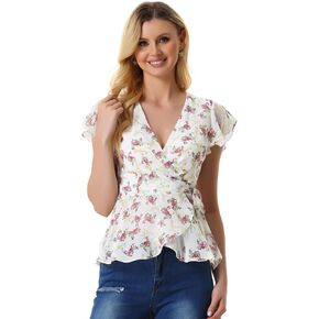 Allegra K Wrap Tops for Women's Floral Printed V Neck Slit Sleeve Tie Waist Peplum Blouse in Saudi Arabia