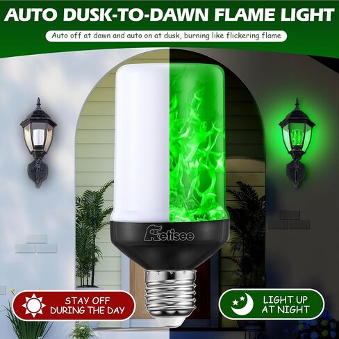Retisee 2 Pack Upgraded Green LED Flame Effect Light Bulbs, Dusk to Dawn Light Bulbs Outdoor, Auto On/Off, E26 Base Flickering Light Bulb with Upside Down Effect, Fire Bulb for Party Porch Outdoor in Saudi Arabia