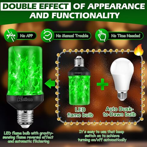 Retisee 2 Pack Upgraded Green LED Flame Effect Light Bulbs, Dusk to Dawn Light Bulbs Outdoor, Auto On/Off, E26 Base Flickering Light Bulb with Upside Down Effect, Fire Bulb for Party Porch Outdoor in Saudi Arabia