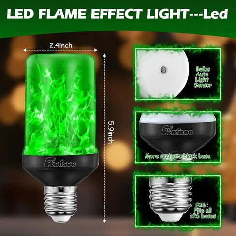 Retisee 2 Pack Upgraded Green LED Flame Effect Light Bulbs, Dusk to Dawn Light Bulbs Outdoor, Auto On/Off, E26 Base Flickering Light Bulb with Upside Down Effect, Fire Bulb for Party Porch Outdoor in Saudi Arabia