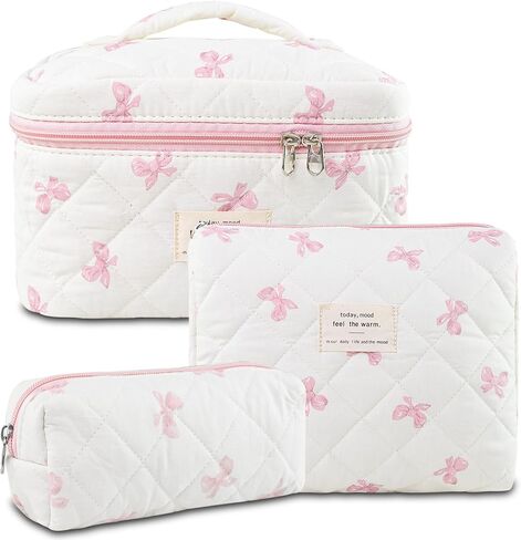 3Pcs Makeup Bag Cotton Quilted Travel Cosmetic Bag Cute Floral Makeup Pouch Large Toiletry Bag for Women Girls (Bow-Pink) in Saudi Arabia