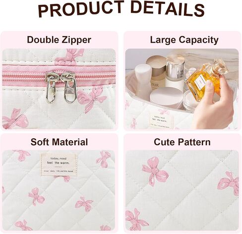3Pcs Makeup Bag Cotton Quilted Travel Cosmetic Bag Cute Floral Makeup Pouch Large Toiletry Bag for Women Girls (Bow-Pink) in Saudi Arabia