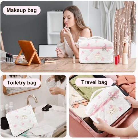 3Pcs Makeup Bag Cotton Quilted Travel Cosmetic Bag Cute Floral Makeup Pouch Large Toiletry Bag for Women Girls (Bow-Pink) in Saudi Arabia