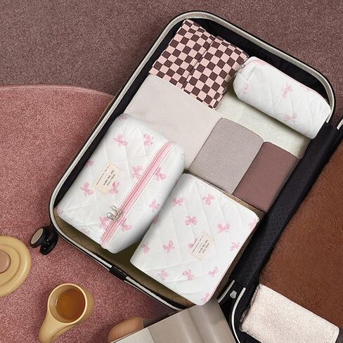 3Pcs Makeup Bag Cotton Quilted Travel Cosmetic Bag Cute Floral Makeup Pouch Large Toiletry Bag for Women Girls (Bow-Pink) in Saudi Arabia