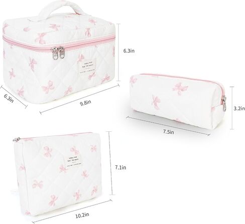 3Pcs Makeup Bag Cotton Quilted Travel Cosmetic Bag Cute Floral Makeup Pouch Large Toiletry Bag for Women Girls (Bow-Pink) in Saudi Arabia