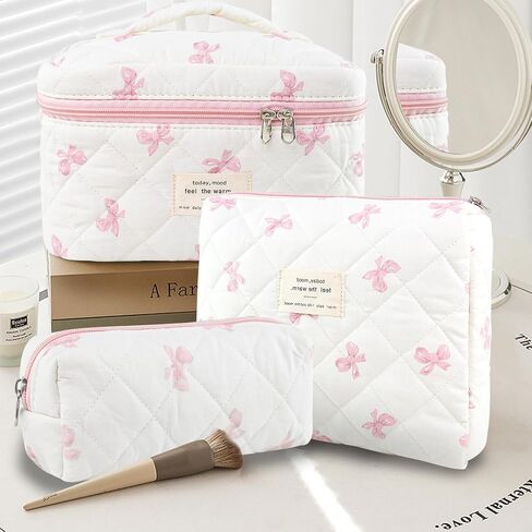 3Pcs Makeup Bag Cotton Quilted Travel Cosmetic Bag Cute Floral Makeup Pouch Large Toiletry Bag for Women Girls (Bow-Pink) in Saudi Arabia