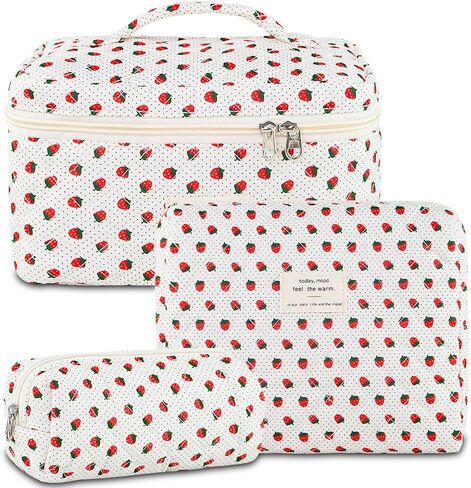 3Pcs Makeup Bag Cotton Quilted Travel Cosmetic Bag Cute Floral Makeup Pouch Large Toiletry Bag for Women Girls (Bow-Pink) in Saudi Arabia