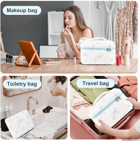 3Pcs Makeup Bag Cotton Quilted Travel Cosmetic Bag Cute Floral Makeup Pouch Large Toiletry Bag for Women Girls (Bow-Pink) in Kuwait
