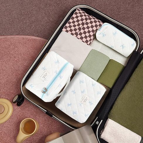 3Pcs Makeup Bag Cotton Quilted Travel Cosmetic Bag Cute Floral Makeup Pouch Large Toiletry Bag for Women Girls (Bow-Pink) in Kuwait