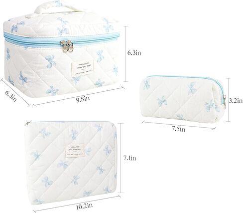3Pcs Makeup Bag Cotton Quilted Travel Cosmetic Bag Cute Floral Makeup Pouch Large Toiletry Bag for Women Girls (Bow-Pink) in Kuwait