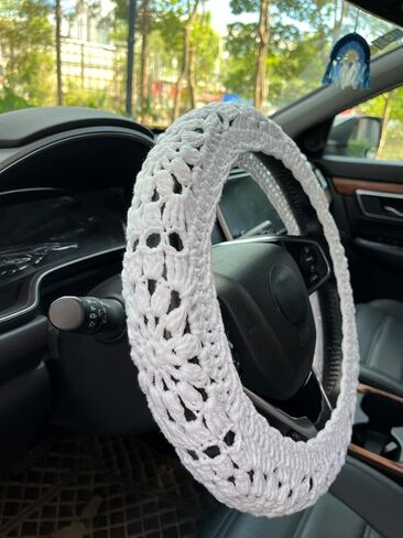Crochet Car Steering Wheel Cover,Sunflower Seatbelt Cover,Women Car Accessories (White Wheel Cover+Rainbow) in Kuwait