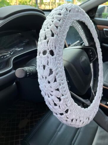 Crochet Car Steering Wheel Cover,Sunflower Seatbelt Cover,Women Car Accessories (White Wheel Cover+Rainbow) in Kuwait