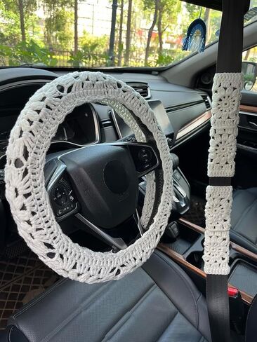 Crochet Car Steering Wheel Cover,Sunflower Seatbelt Cover,Women Car Accessories (White Wheel Cover+Rainbow) in Saudi Arabia