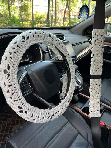 Crochet Car Steering Wheel Cover,Sunflower Seatbelt Cover,Women Car Accessories (White Wheel Cover+Rainbow) in Saudi Arabia