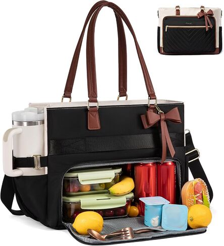 LOVEVOOK Lunch Bag, Tote Bag for Women with Insulated Lunch Compartment, Laptop Bag with Large Capacity & Cup Holder, Work Tote for Teacher, Nurse, Travel, College, Daily, Black-Beige-Brown, 15.6 Inch in Saudi Arabia
