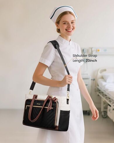 LOVEVOOK Lunch Bag, Tote Bag for Women with Insulated Lunch Compartment, Laptop Bag with Large Capacity & Cup Holder, Work Tote for Teacher, Nurse, Travel, College, Daily, Black-Beige-Brown, 15.6 Inch in Saudi Arabia