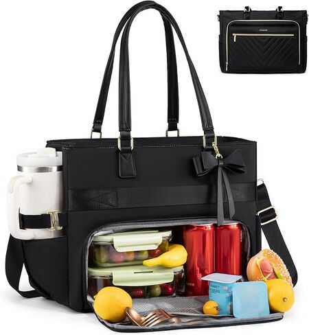 LOVEVOOK Lunch Bag, Tote Bag for Women with Insulated Lunch Compartment, Laptop Bag with Large Capacity & Cup Holder, Work Tote for Teacher, Nurse, Travel, College, Daily, Black-Beige-Brown, 15.6 Inch in Kuwait