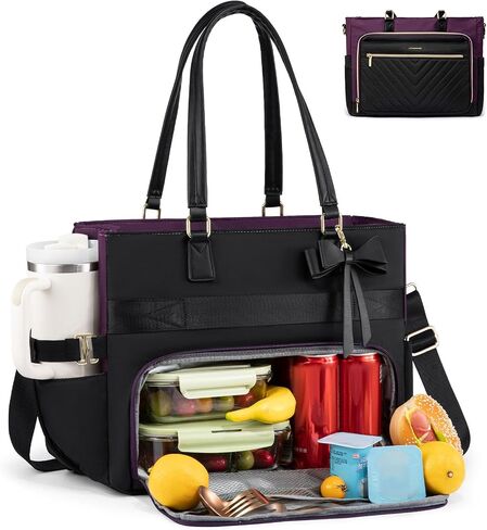 LOVEVOOK Lunch Bag, Tote Bag for Women with Insulated Lunch Compartment, Laptop Bag with Large Capacity & Cup Holder, Work Tote for Teacher, Nurse, Travel, College, Daily, Black-Beige-Brown, 15.6 Inch in Kuwait